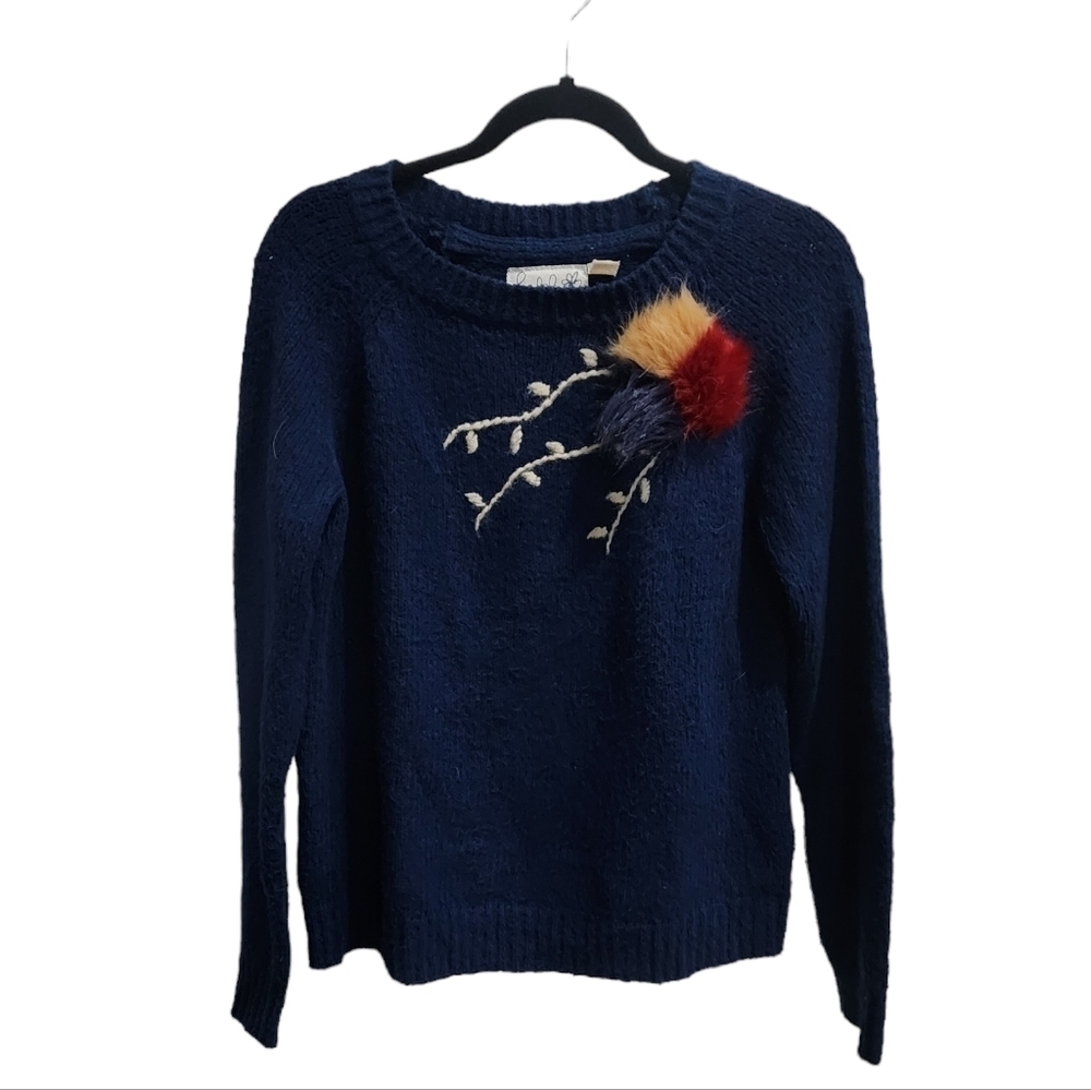 FIELD FLOWER Anthropologie Soft Navy Sweater with Poofs